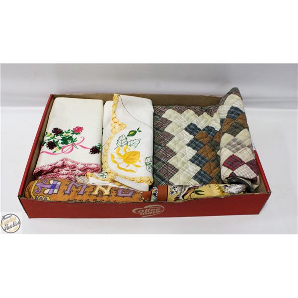 VINTAGE PATCHWORK QUILT & VINTAGE LINENS TOGETHER