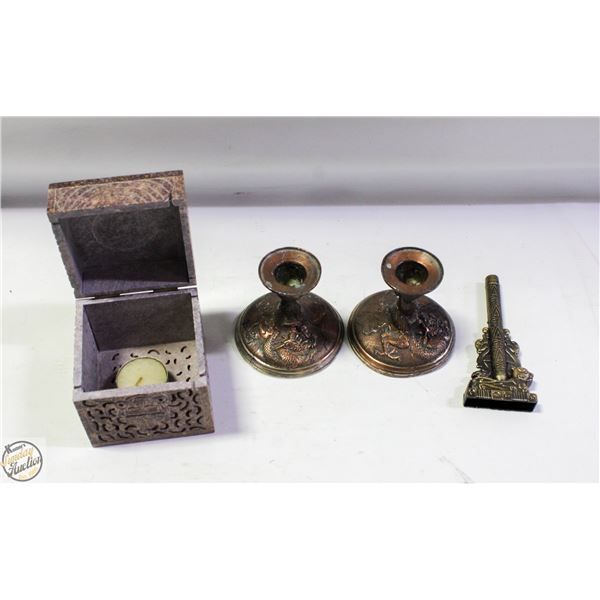 2 COPPER CANDLE HOLDER. 1 STONE INSENCE