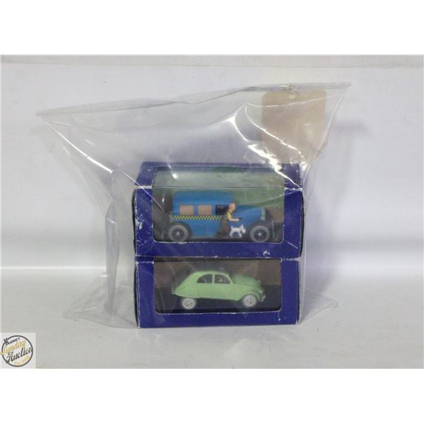 2 TIN TIN METAL CARS IN BOX