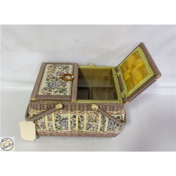 VINTAGE WOVEN TAPESTRY SEWING BASKET