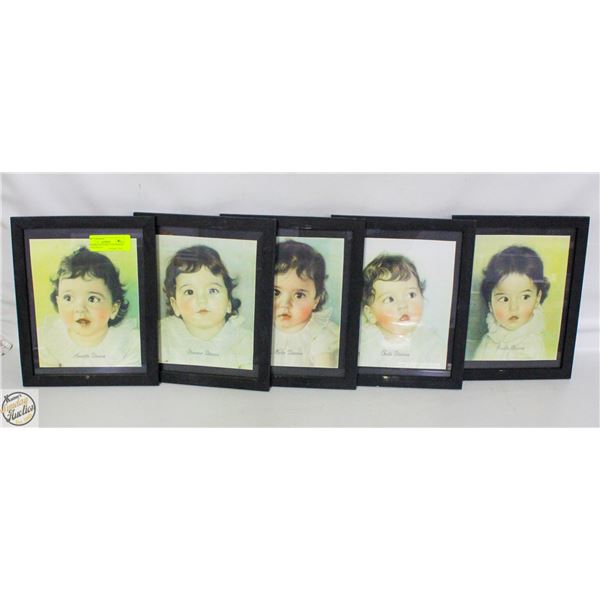 5 FRAMED PICTURES  "THE DIONNE QUINTUPLETS"