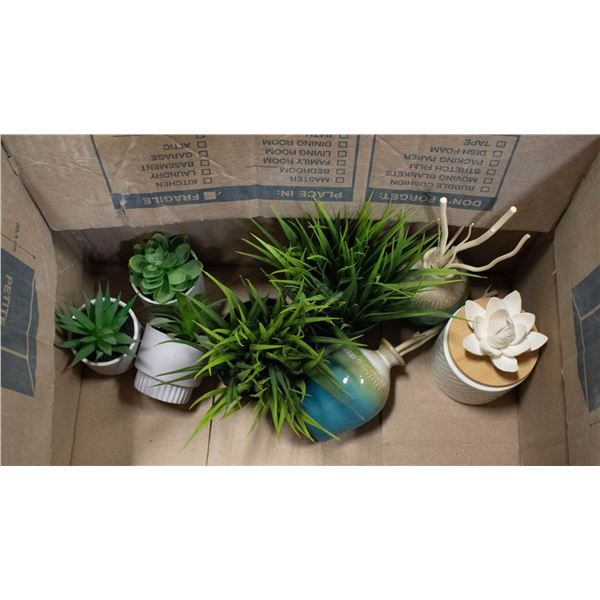 BOX OF ARTIFICIAL HOME DECOR PLANTS