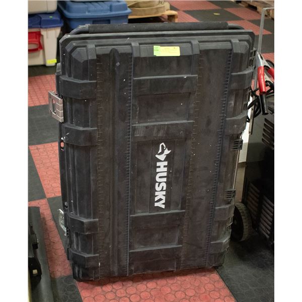 HUSKY  TOOL BOX WITH WHEELS AND PULL OUT HANDLE