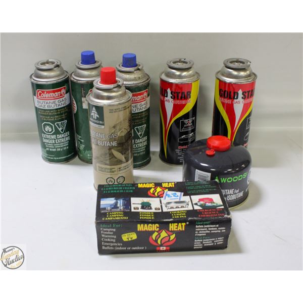LOT OF BUTANE REFILL & 2 CANS OF HEAT