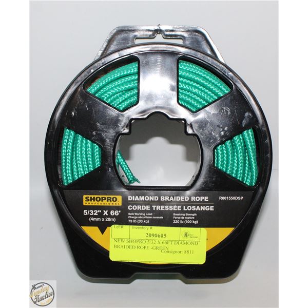 NEW SHOPRO 5/32 X 66FT DIAMOND BRAIDED ROPE -GREEN