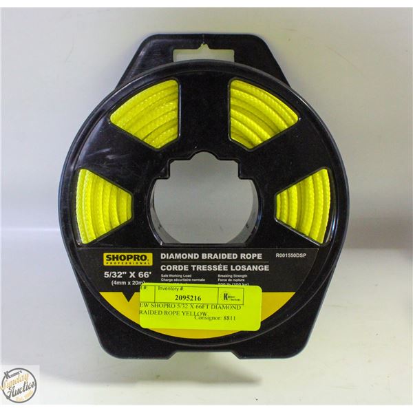 NEW SHOPRO 5/32 X 66FT DIAMOND BRAIDED ROPE YELLOW