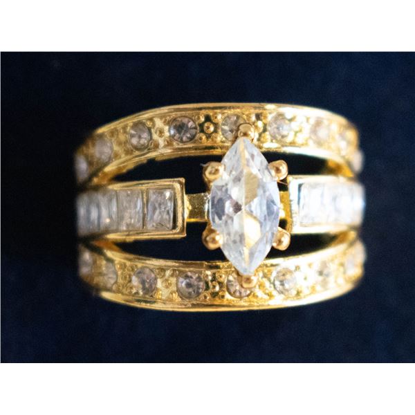 GOLDEN TONED THREE ROWS OF WHITE RING SZ8