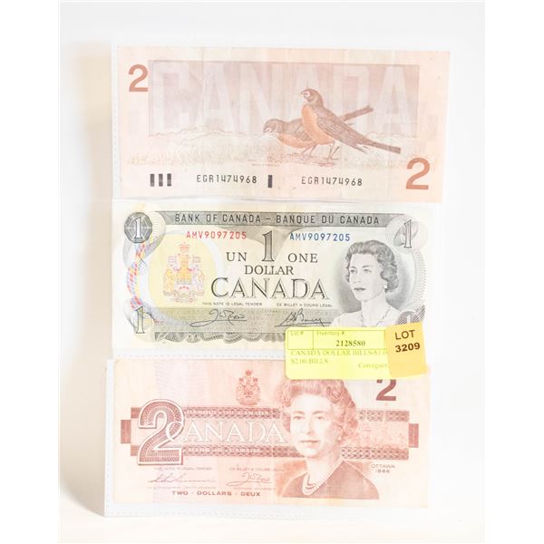 CANADA DOLLAR BILLS-$1.00 1973, $2.00 BILLS
