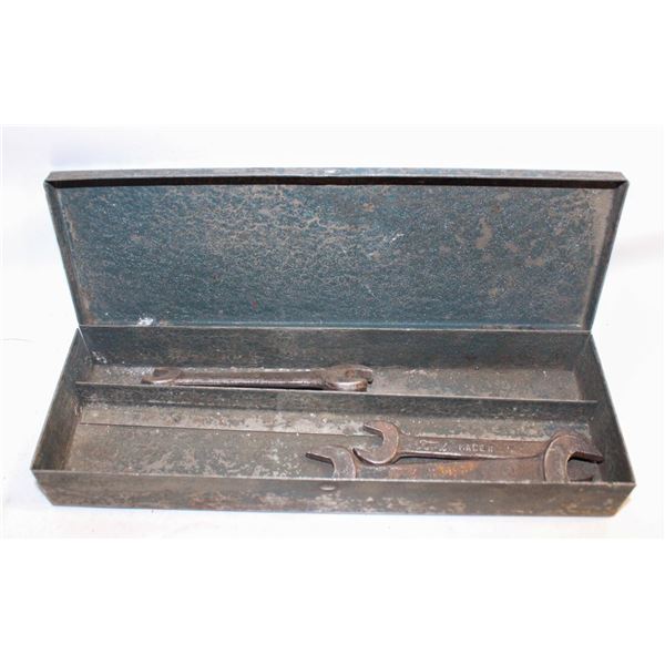 METAL BOX WITH VINTAGE FORD WRENCHES