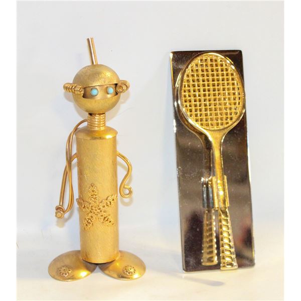 VINTAGE BRASS "ROBOT" FIGURINE PEN & TENNIS CLIP