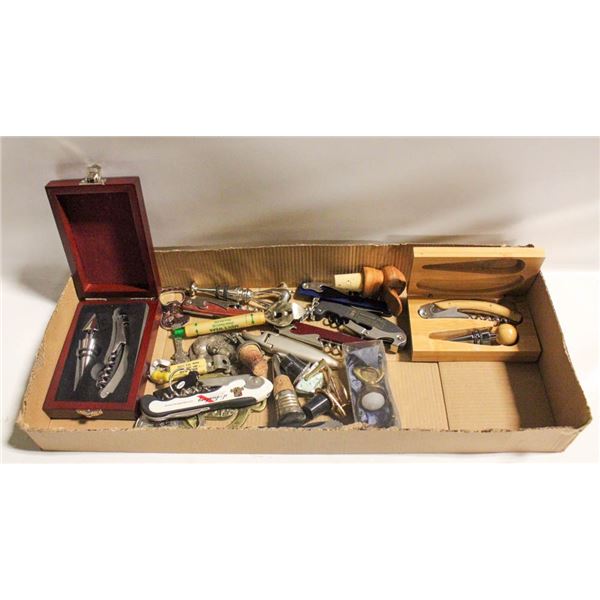 COLLECTION OF WIRE CORK SCREWS + STOPPERS