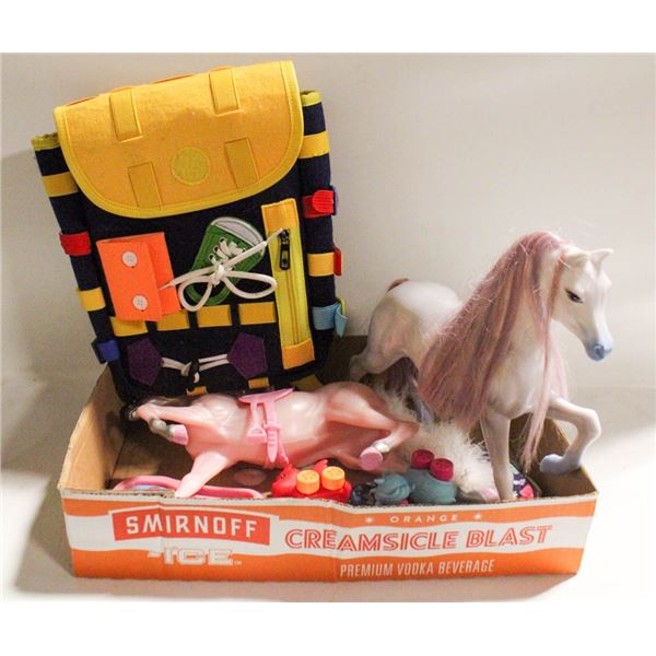 FLAT OF KIDS TOYS INCLUDING BARBIE HORSES