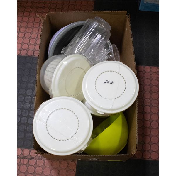 BOX OF NEW OLD STOCK SALAD SPINNERS BOWLS AND MORE