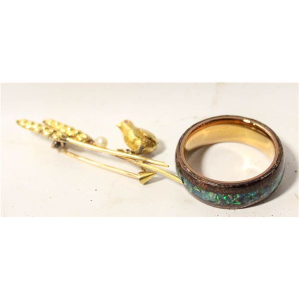 BIRD BROOCH FAUX PEARL+SZ 11 RING UNSTAMPED