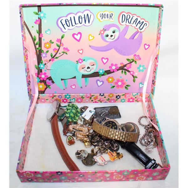 BOX WITH WATCHES, PINS, ETC.