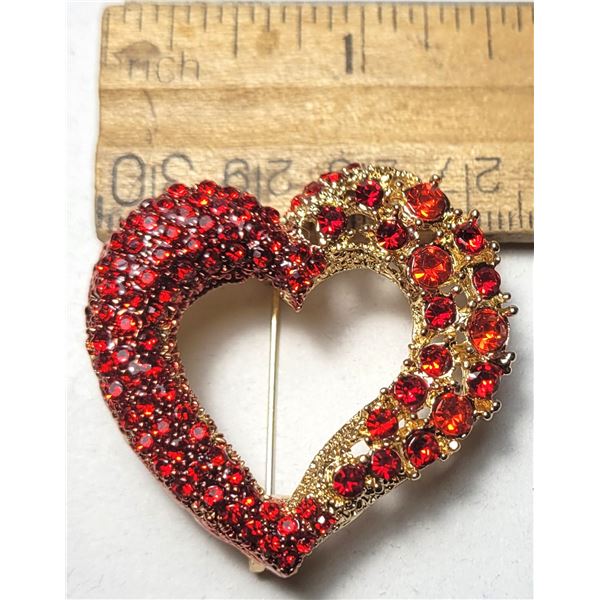 14)  GOLD TONE WITH RED CRYSTALS, HEART