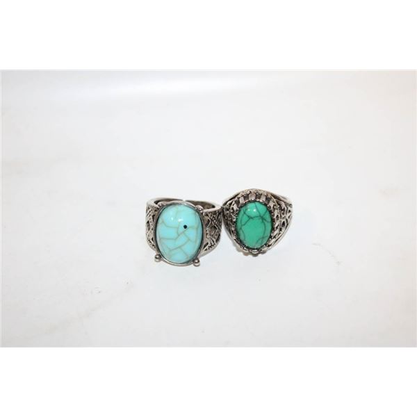 2 LADIES SILVER TONE RINGS W/OVAL CENTER STONES