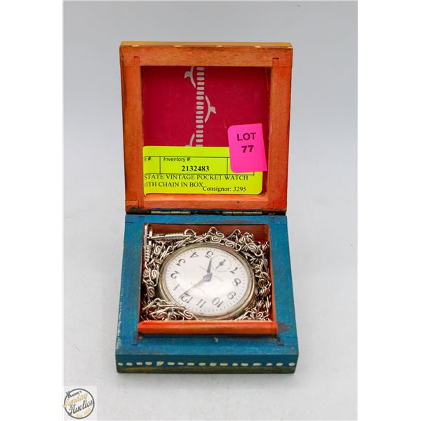 ESTATE VINTAGE POCKET WATCH WITH CHAIN IN BOX