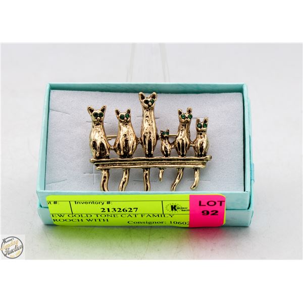 NEW GOLD TONE CAT FAMILY BROOCH WITH
