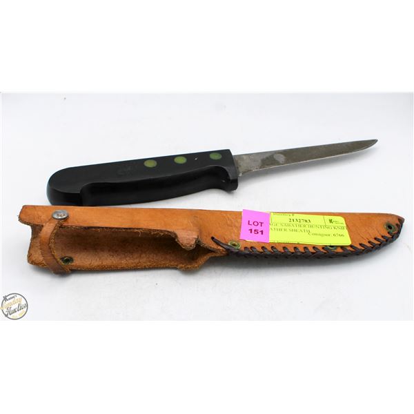 VINTAGE SABATIER HUNTING KNIFE IN LEATHER SHEATH