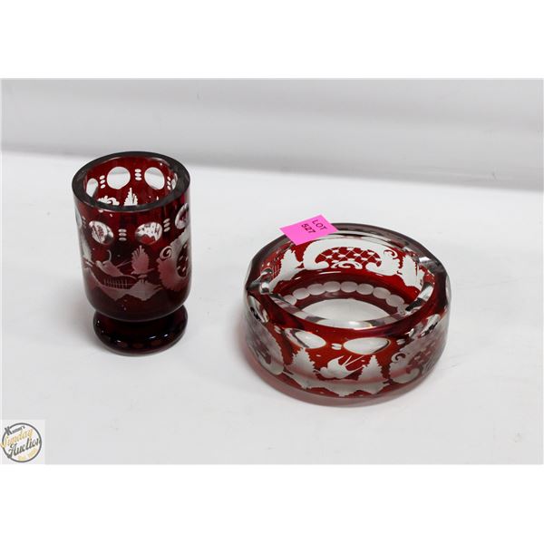 VINTAGE ESTATE CRANBERRY GLASS ASHTRAY AND CUP