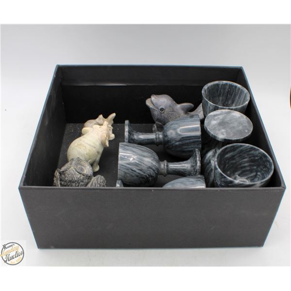6 MATCHING CARVED STONE CUPS MADE IN