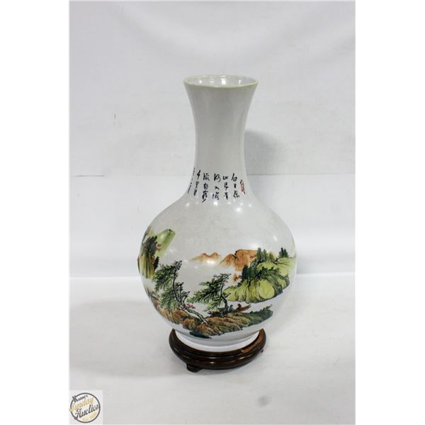 VINTAGE CHINESE VASE H-17" WITH WOODEN STAND