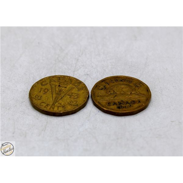 1942/1943 LOT OF 2 WWII CANADA TOMBAC NICKELS