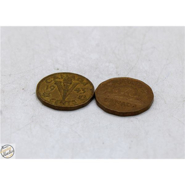 1942/1943 LOT OF 2 WWII CANADA TOMBAC NICKELS