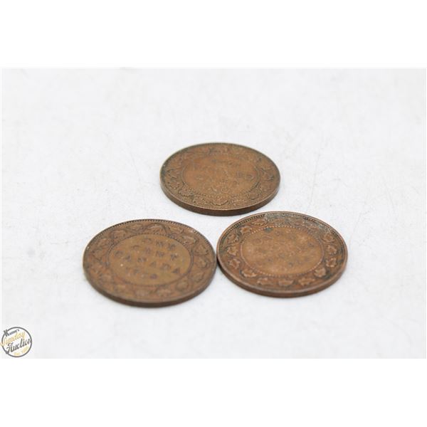 LOT OF 3 VARIOUS OLD CANADA LARGE 1 CENT COINS