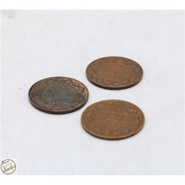 LOT OF 3 VARIOUS OLD CANADA LARGE 1 CENT COINS