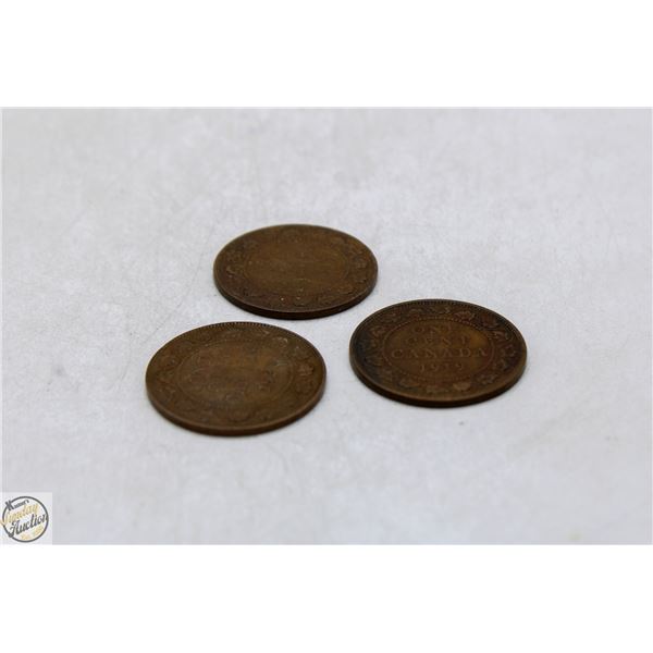 LOT OF 3 VARIOUS OLD CANADA LARGE 1 CENT COINS