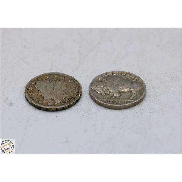 1907/1936 LOLT OF 2 OLD USA 5 CENTS COINS