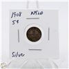 Image 1 : 1908 SILVER NEWFOUNDLAND 5 CENTS COIN