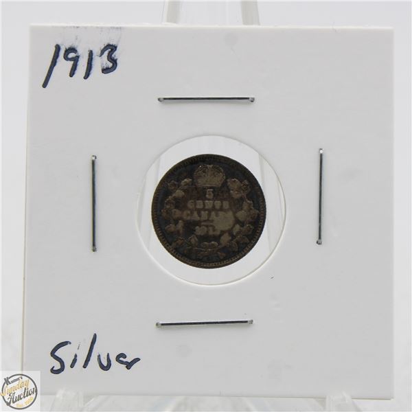1913 SILVER CANADA 5 CENTS COIN, FISH SCALE