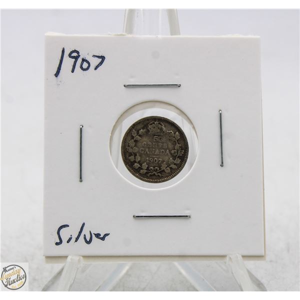 1907 SILVER CANADA 5 CENTS COIN, FISH SCALE