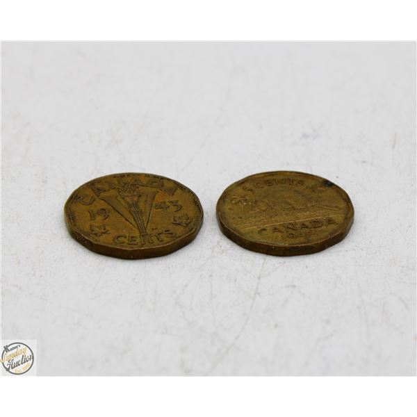 1942/1943 LOT OF 2 WWII CANADA TOMBAC NICKELS