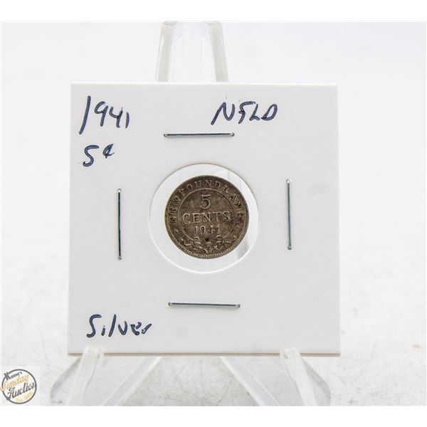 1941 SILVER NEWFOUNDLAND 5 CENTS COIN