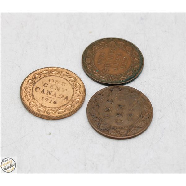 LOT OF 3 VARIOUS OLD CANADA LARGE 1 CENT COINS