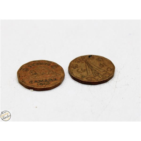 1942/1943 LOT OF 2 WWII CANADA TOMBAC NICKELS