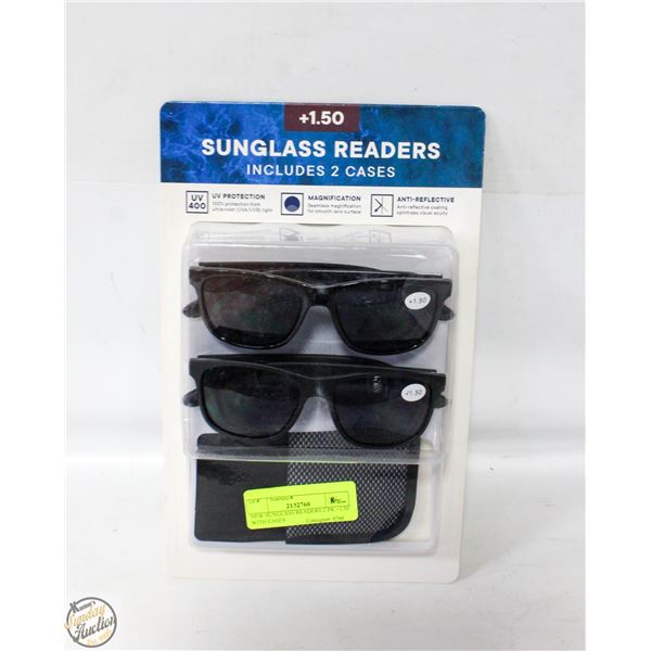 NEW SUNGLASS READERS 2 PK +1.50 WITH CASES