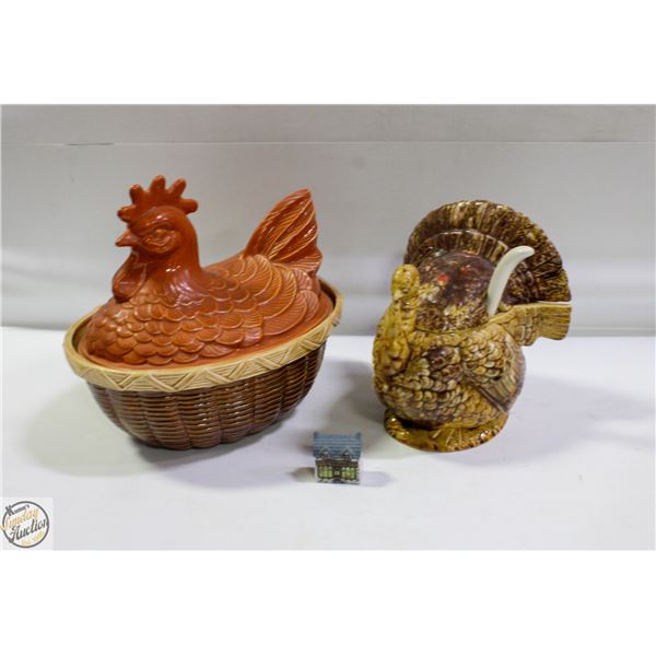 ESTATE LOT OF 2 CERAMIC TURKEY AND ROOSTER