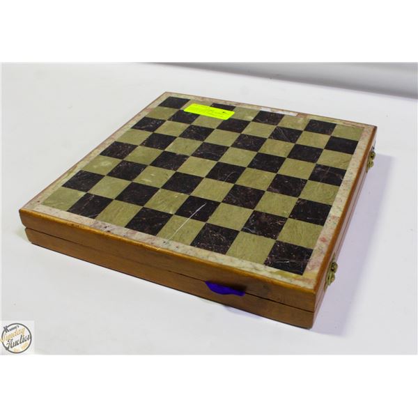 VINTAGE CHESS SET W/ MARBLE BOARD & HANDCARVED