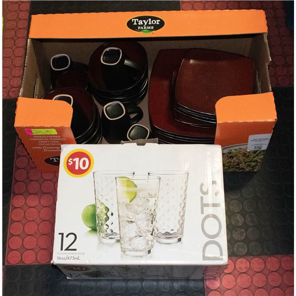 RED DISHWARE SET PLUS SET OF 12 TALL DRINKING