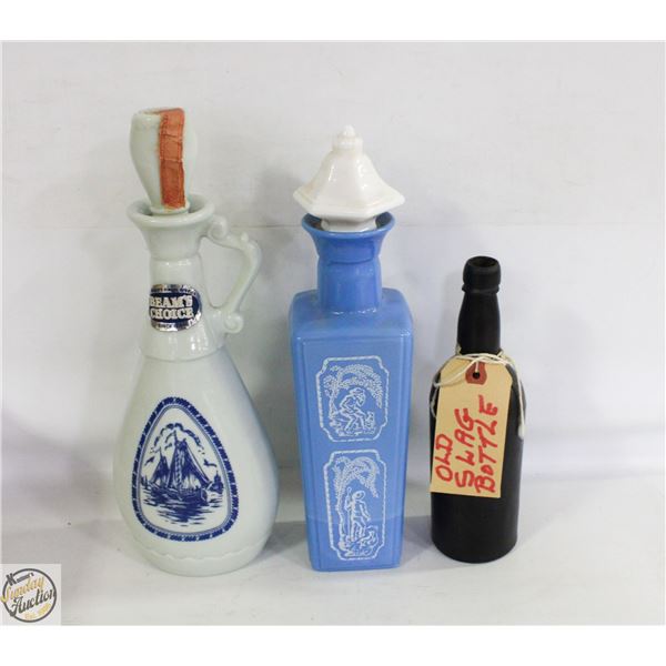 3 VINTAGE DECANTERS WITH SLAG BOTTLE