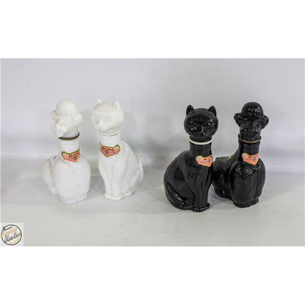 4 VINTAGE POODLE AND CAT DECANTERS