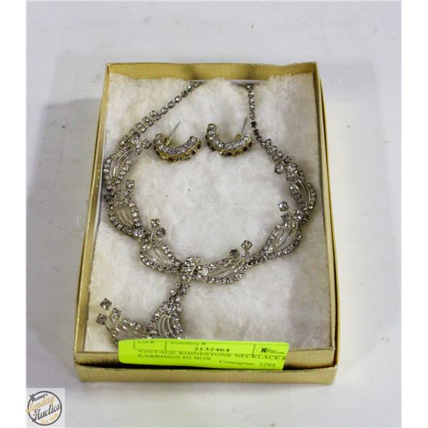 VINTAGE RHINESTONE NECKLACE & EARRINGS IN BOX