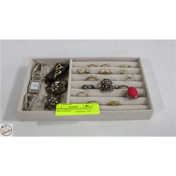 ESTATE RINGS,WATCH, & JEWELRY IN BOX-ESTATE
