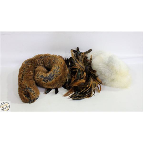 FAUX FUR HAT, SCARF & FEATHER STOLE