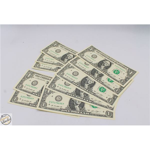 SET OF 10 SEQUENTIAL 2013 UNITED STATES $1 BILLS
